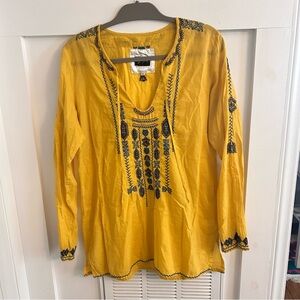 Biya Yellow Tunic embroidered tie closure v neck blouse
